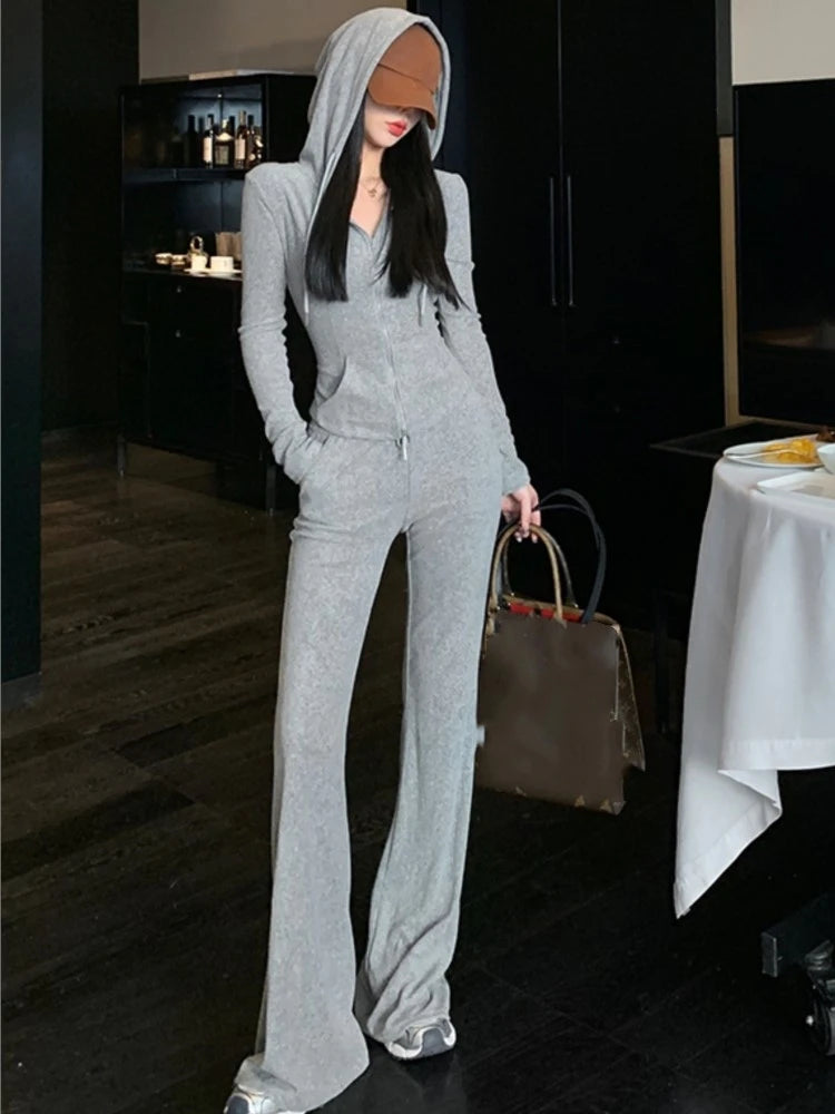 Y2k 2 Piece Set Tracksuit Hooded Zip Up Slim Coat + Drawstring Wide Leg Pants Autumn Korean Outfits