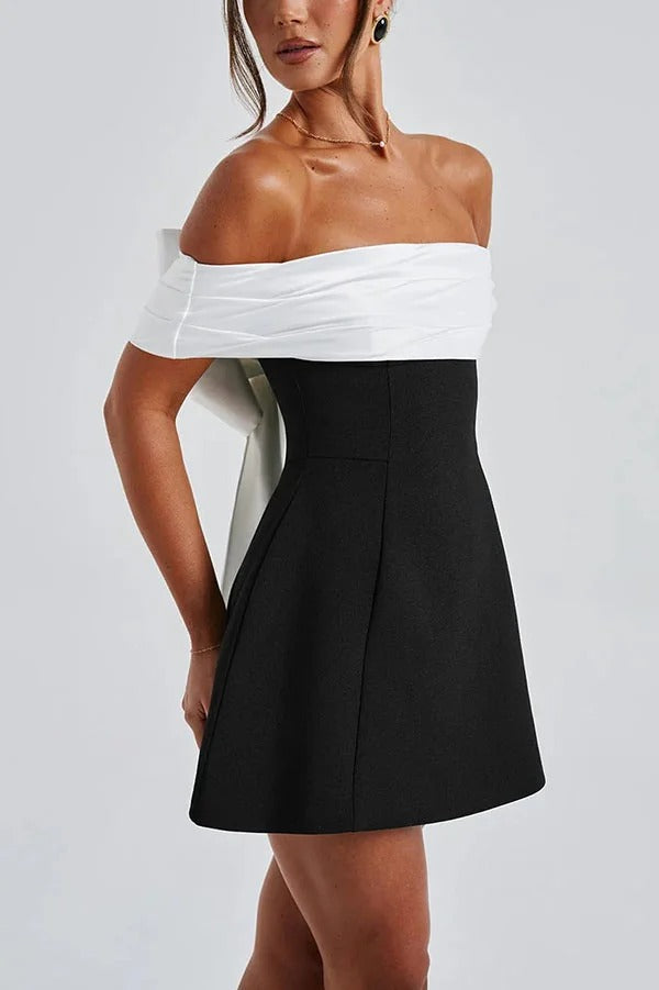 Contrast Off-the-shoulder Bow-embellished Mini Dress