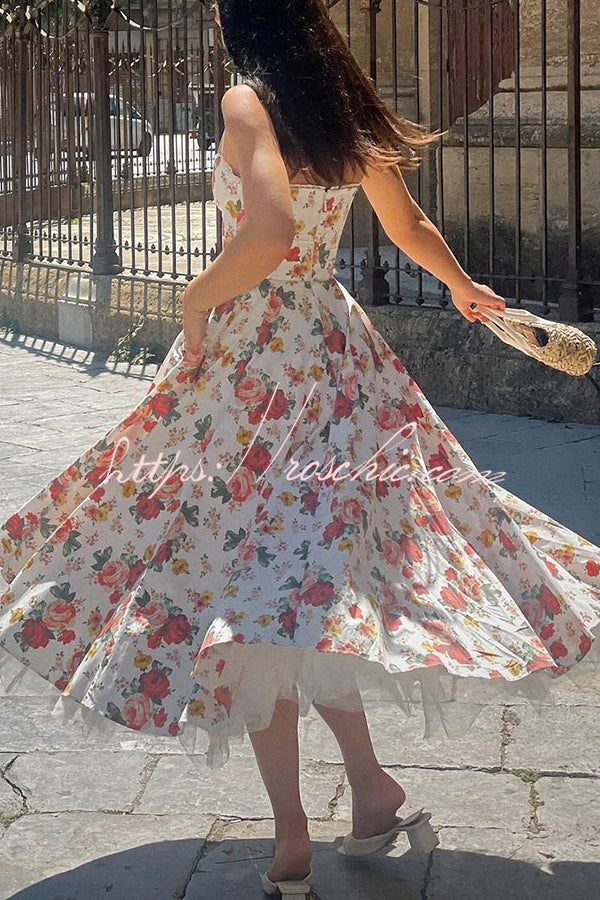 Fairy Tale Italian Rose Print Tulle Pocketed Slip Midi Dress