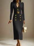 Long Sleeves Puff Sleeves Buttoned Color Deep V-neck Midi Dresses