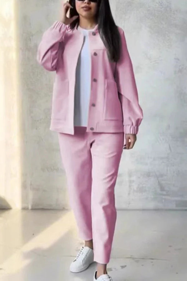 Color Loose Fit Long Sleeve Button Pocket Top and Pants Set