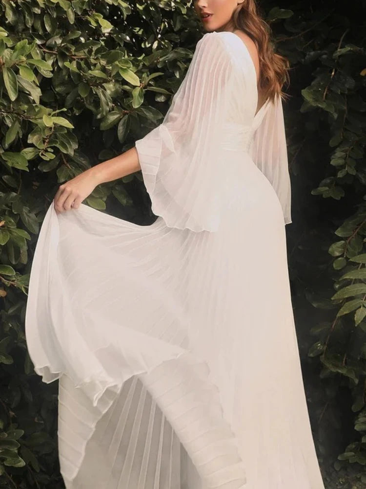 New Deep V-neck Bell Sleeves Backless Evening Dress Slim Long-sleeved Dress Long Dresses for
