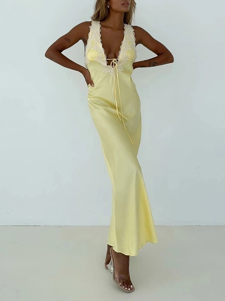Lace Camisole Open Back Dress for Satin Lace Up Bodycon Long Dress Female Party Club Evening Dress