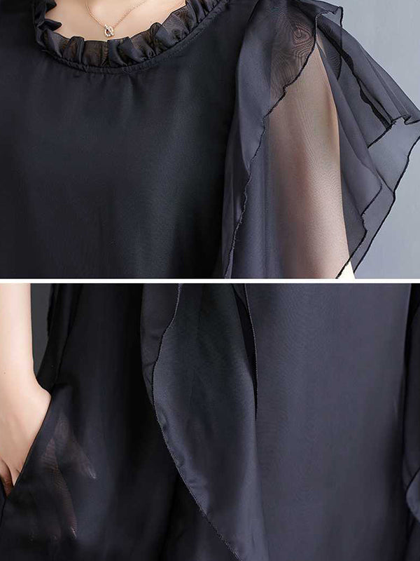 Loose Ruffle Sleeves Falbala Ruffled Color Round-neck Midi Dresses