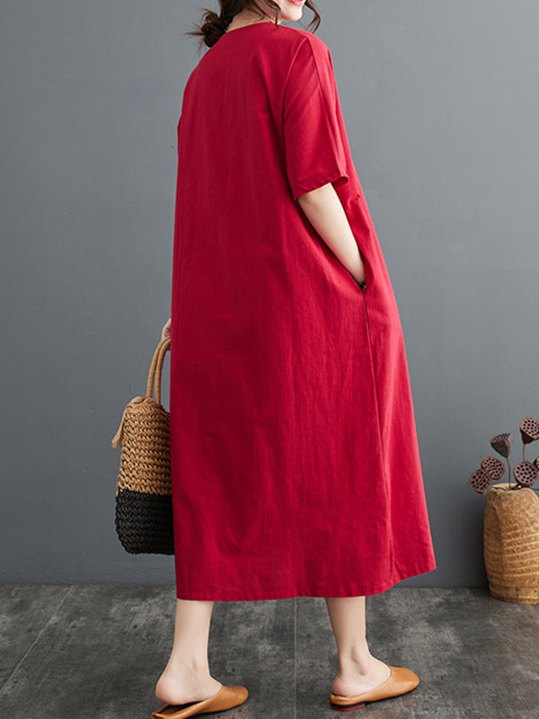 A-line Loose Chinese Frog Buttons Pockets Color Split-side V-neck Midi Dresses