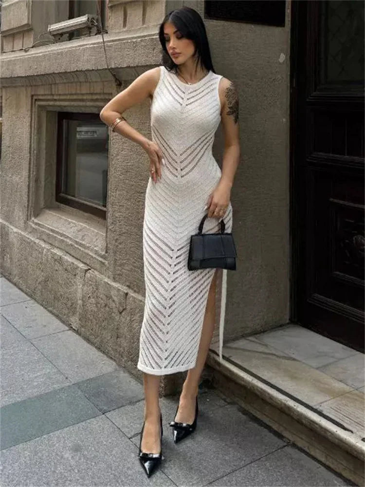 Knit Hollow Out Patchwork Maxi Dress Female High Waist Sleeveless See-through Party Dress ’s Dress