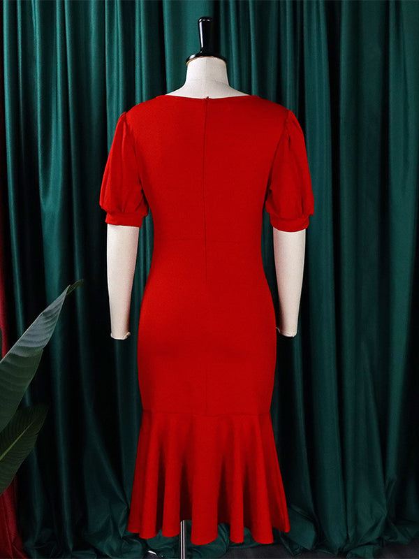 Bodycon Mermaid Pleated Color Zipper V-neck Midi Dresses