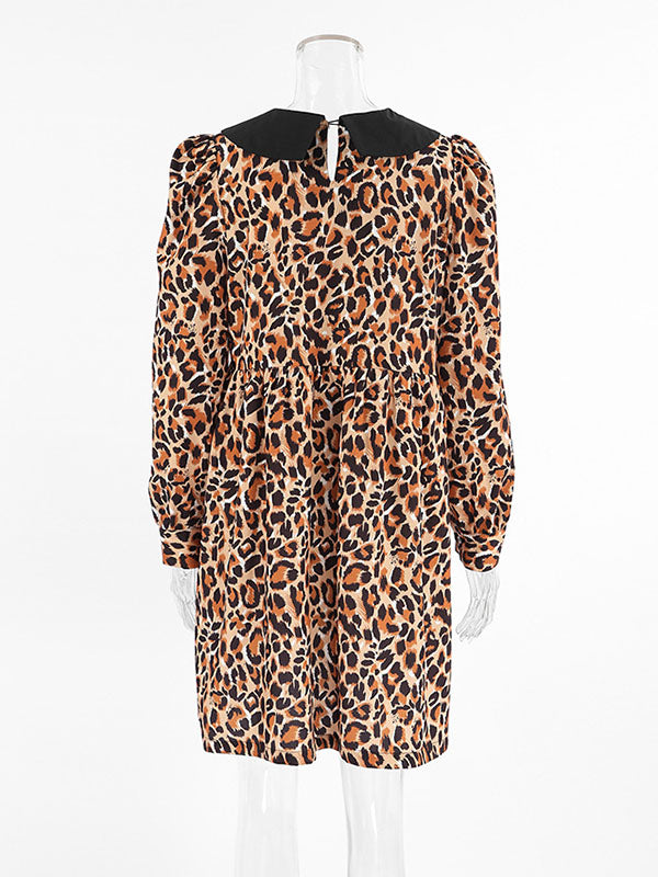 Loose Puff Sleeves Leopard Pleated Printed Split-joint Peter Pan Collar Mini Dresses Shirt Dress