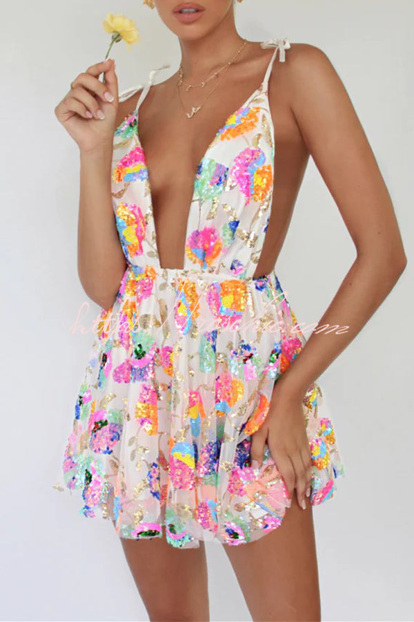 V Neck Open Back Sequined Tie a Line Mini Dress