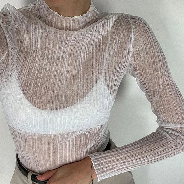 See Through Knitted T-shirts Autumn White Long Sleeve Mock Neck Tops Femme High Street Slim Tops Tee