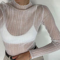 See Through Knitted T-shirts Autumn White Long Sleeve Mock Neck Tops Femme High Street Slim Tops Tee
