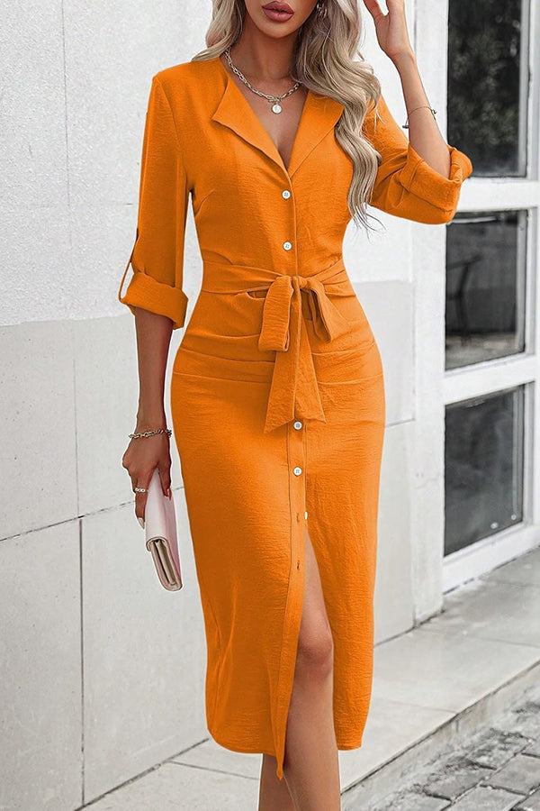 Color Lapel Waist Lace-up Slit Midi Dress