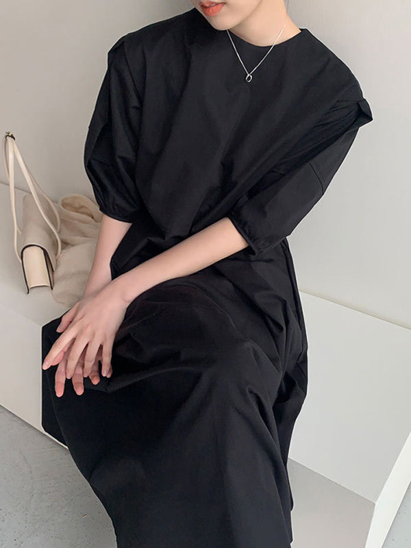 Round-neck Bishop Sleeve Loose Color Midi Dress