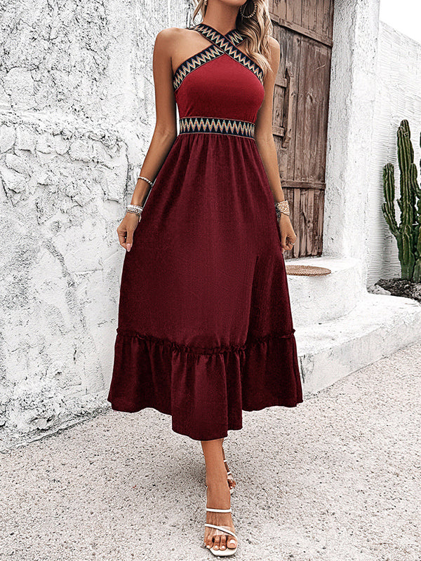 A-line High Waisted Embroidered Pleated Split-joint Split-side Halter-neck Midi Dresses