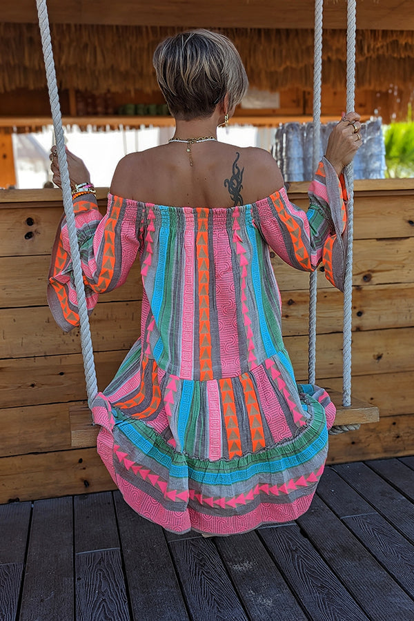 Friendly Shores Linen Blend Print Off Shoulder Loose Mini Dress