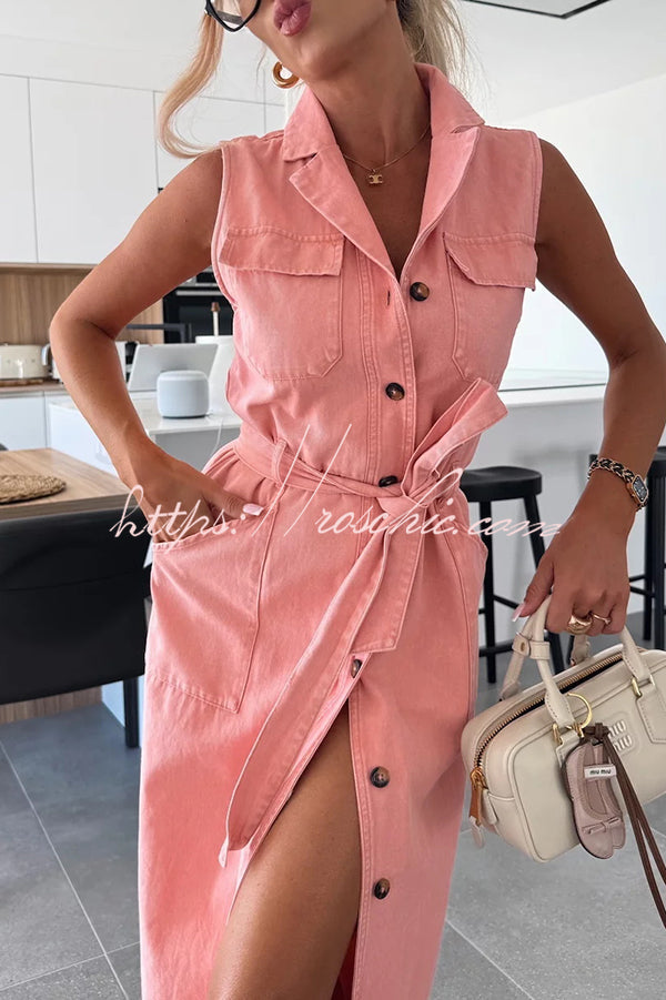 Color Sleeveless Single Breasted Waist Tie Pocket Denim Midi Dress