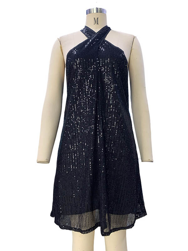 A-line Loose Hollow Sequined Color Halter-neck Mini Dresses