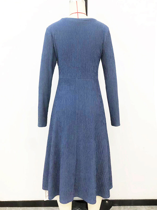 Long Sleeves Loose Pleated Color Split-joint V-neck Midi Dresses