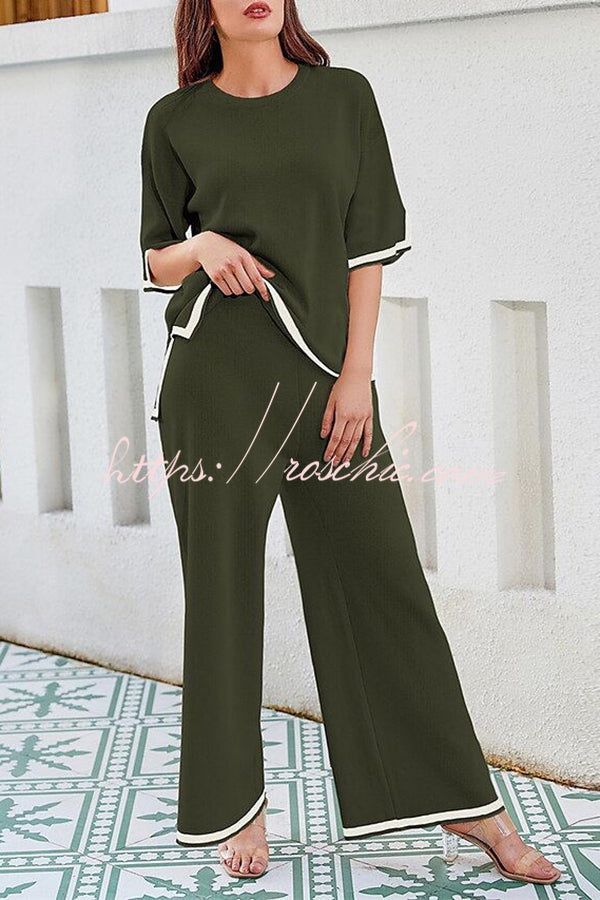 Lounge or Wear Knit Patchwork Color Block Short Sleeve Top and Elastic Wide Leg Pants