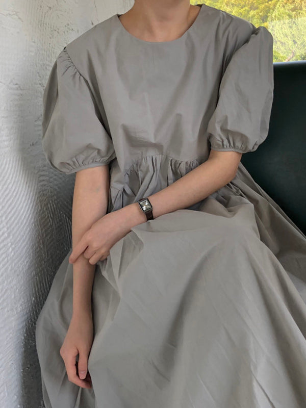 Original Loose Color Pleated Puff Sleeves Midi Dress