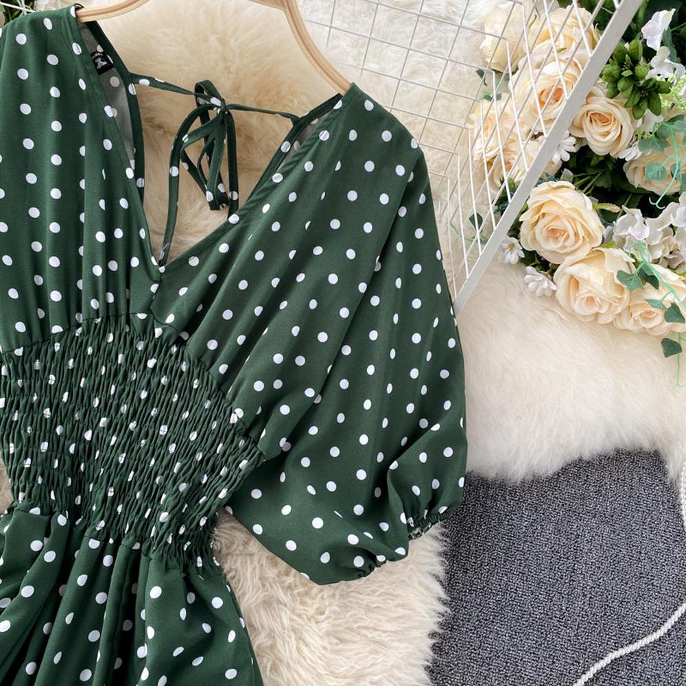 Stylish Army Green V-neck Polka Dot Puff Sleeve Wide Leg Jumpsuit