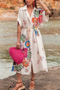 Plant Print Lapel Short Sleeve Waist Tie Loose Vacation Midi Dress