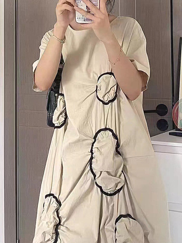 High-low Loose Pleated Round-neck Midi Dresses