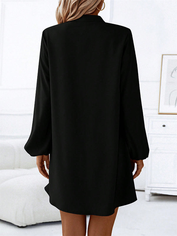 A-line Long Sleeves Buttoned Color V-neck Mini Dresses