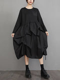 Long Sleeves Loose Split-joint Color Round-neck Midi Dresses