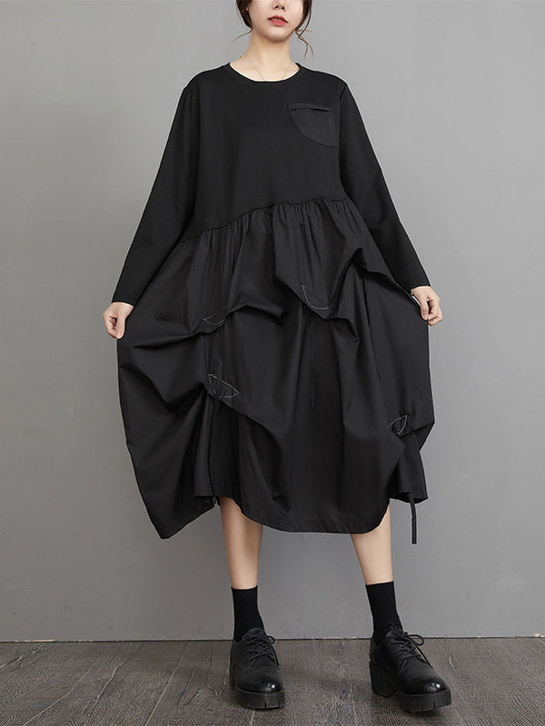 Long Sleeves Loose Split-joint Color Round-neck Midi Dresses