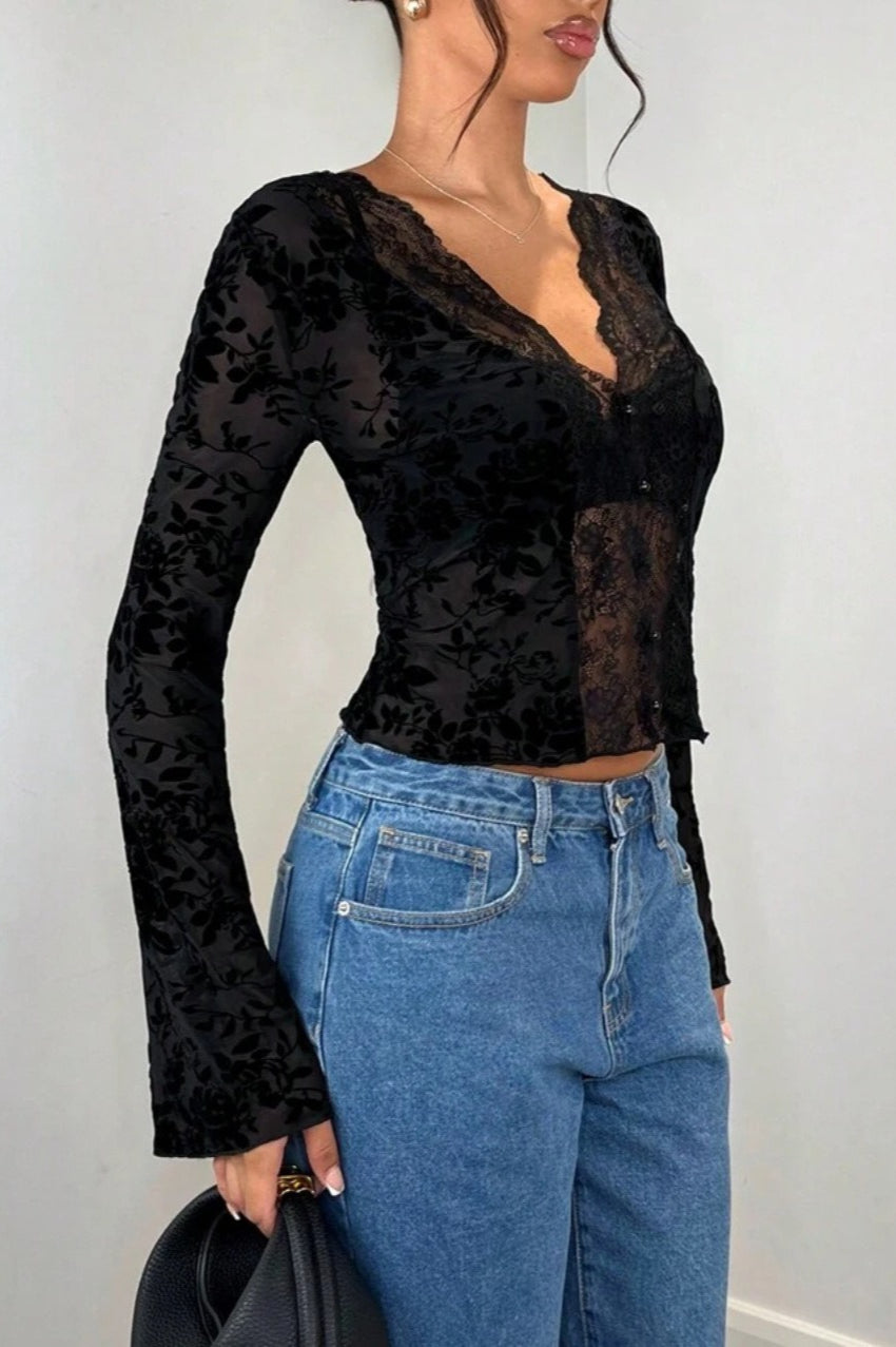 Lace Paneled Leopard Print Ruffled Cardigan Blouse