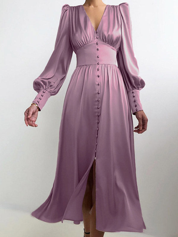 A-line High Waisted Buttoned Pleated Color V-neck Midi Dresses