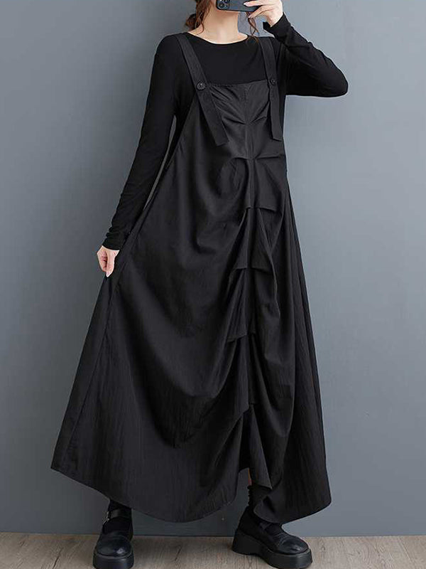 Design Black Square Neck Ruffle Pocket A-line Suspender Midi Dress Ws003