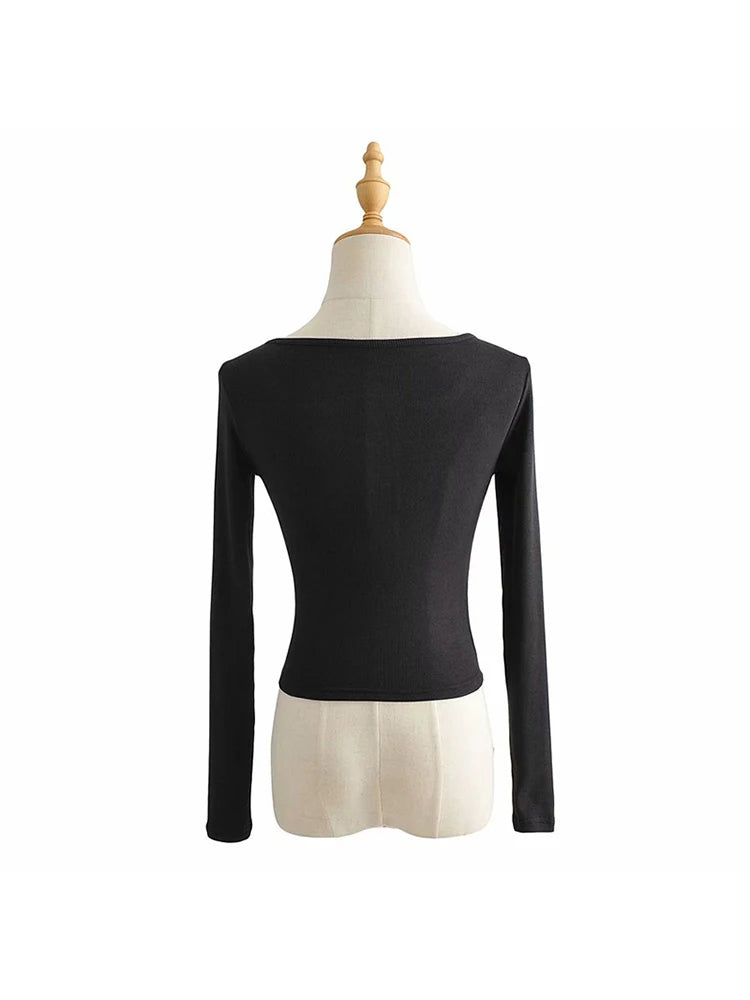 ’s Spring Autumn Slim Crop Tops Color Long Sleeve Button Down T-shirt Basic Tee Harajuku Tops