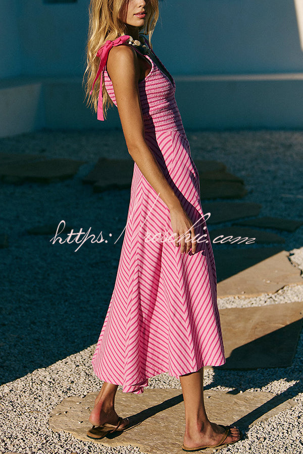 Striped Print V-neck Lace-up Backless Holiday Midi Dress