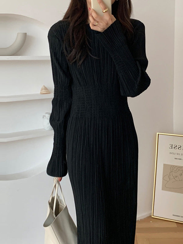 Simple Long Sleeves Black Split-joint Elasticity Waist Pleated Midi Dress