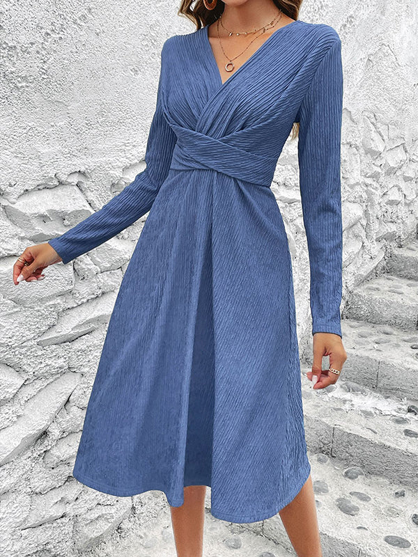 Long Sleeves Loose Pleated Color Split-joint V-neck Midi Dresses