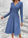 Long Sleeves Loose Pleated Color Split-joint V-neck Midi Dresses