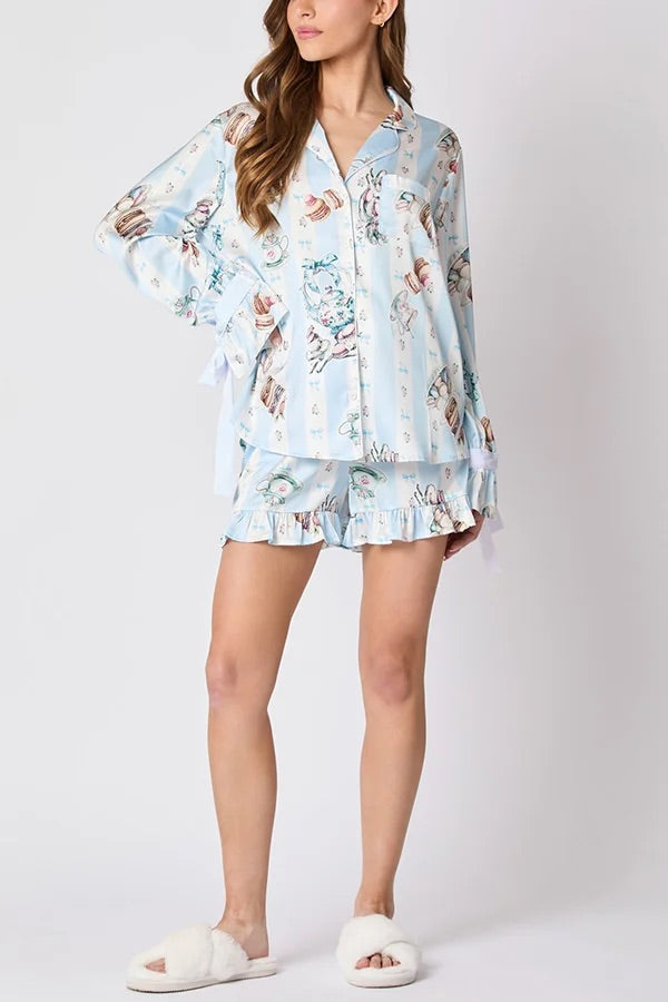 Christmas Printed Bow Tie Top and Elastic Waist Ruffle Shorts Set