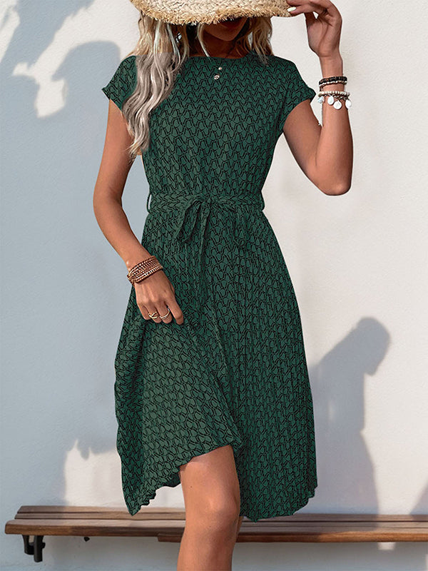 Loose Raglan Sleeve Printed Tied Waist Round-neck Midi Dresses