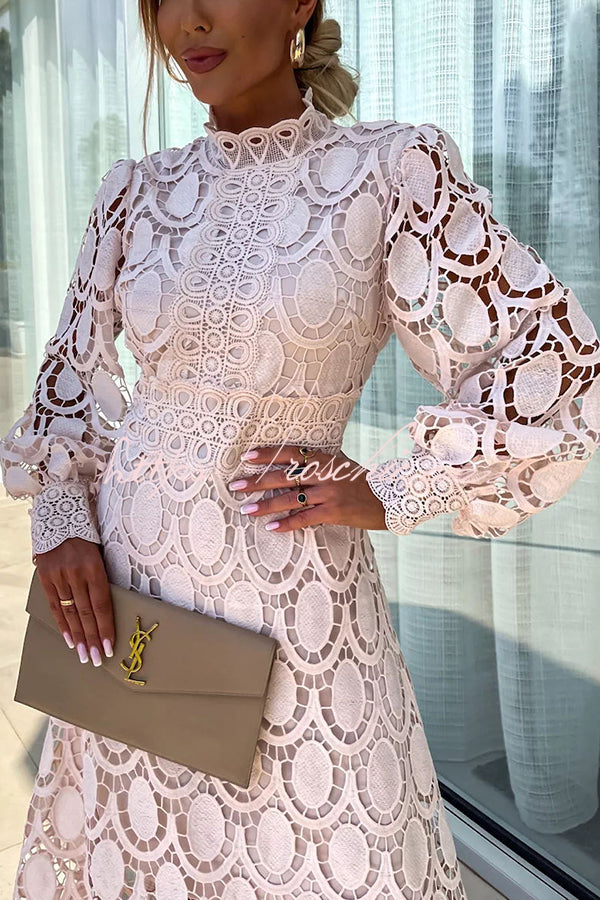 Romantic, Sensual and Crochet Lace Lantern Sleeve Party Midi Dress