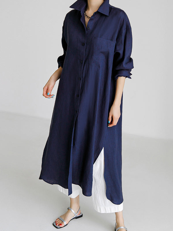 Simple Long Sleeves Split-side Color Lapel Midi Dresses Shirt Dress
