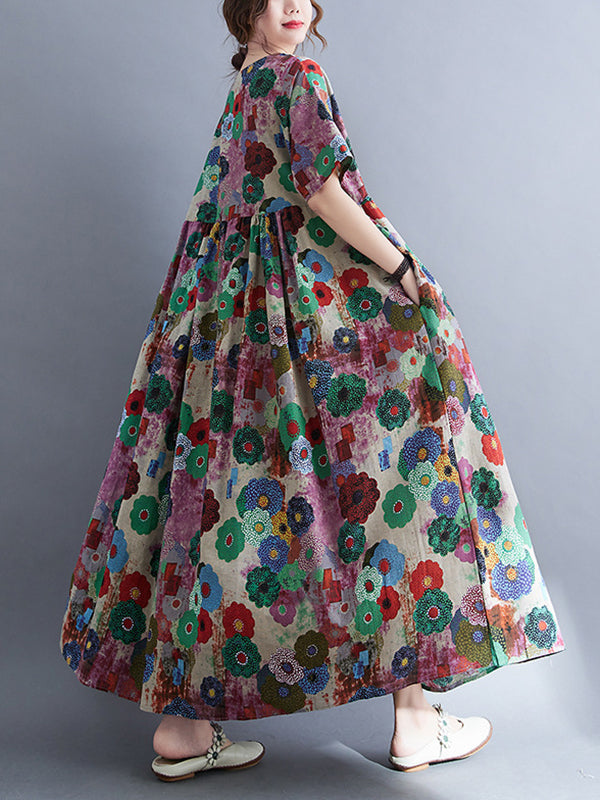 Loose Multi-colored Printed Midi Dress