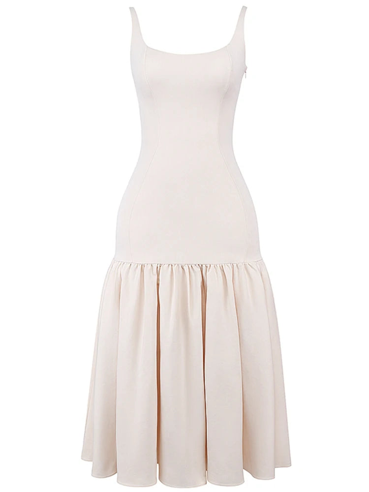 White Ruffled Patchwork Maxi Dress Female Slim High Waist Backless Pleated Summer Strapless Female Long Dress