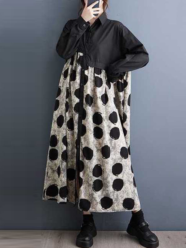 A-line Long Sleeves Asymmetric Buttoned Polka-dot Split-joint Lapel Midi Dresses Shirt Dress