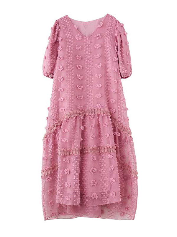 A-line Half Sleeves Elasticity Jacquard Color Split-joint V-neck Midi Dresses