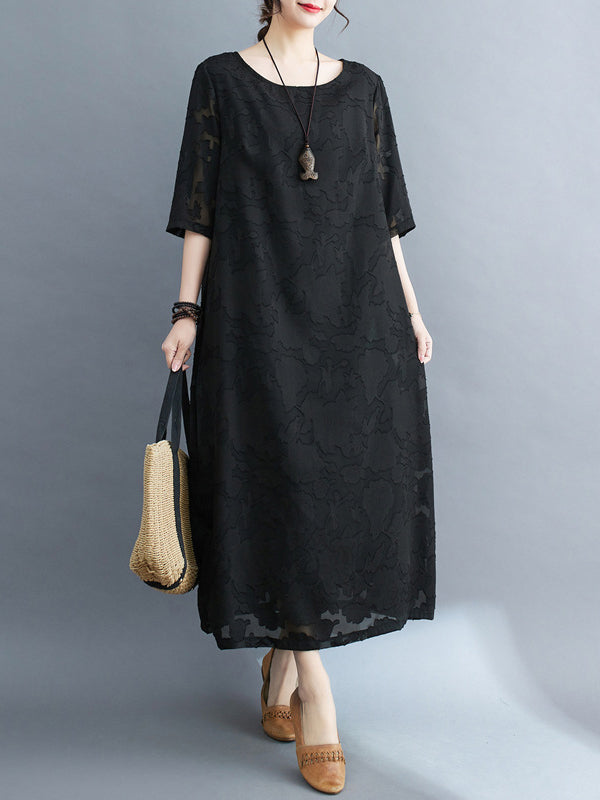Loose Three-quarter Sleeves Jacquard See-through Color Round-neck Midi Dresses