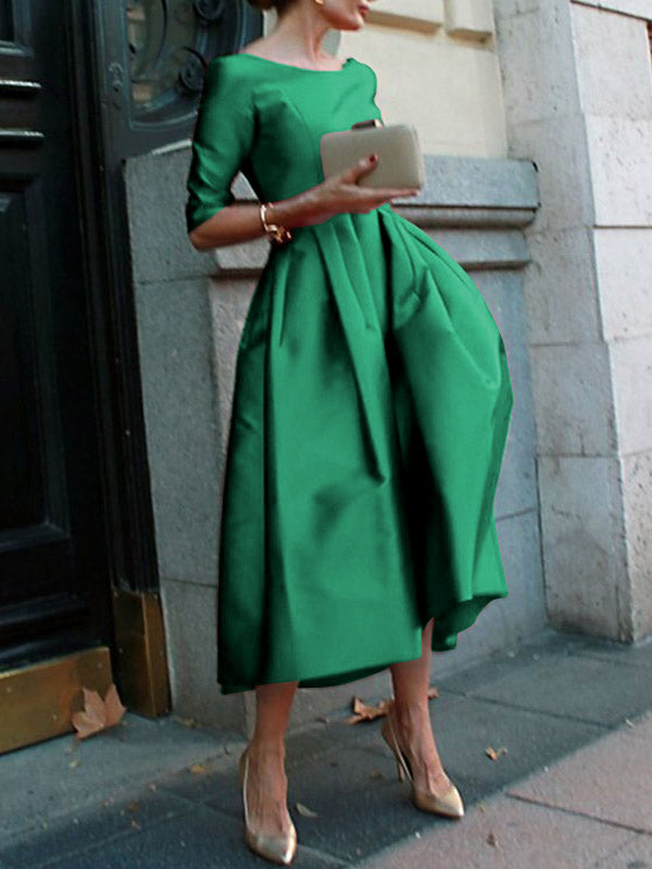 A-line Loose Pleated Pockets Color Split-joint Round-neck Midi Dresses