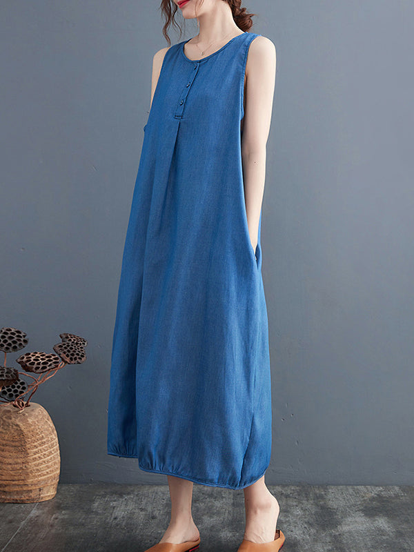 A-line Loose Buttoned Pleated Color Round-neck Midi Dresses