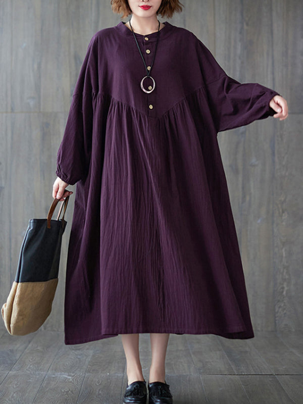 Loose Puff Sleeves Pleated Color Stand Collar Midi Dresses